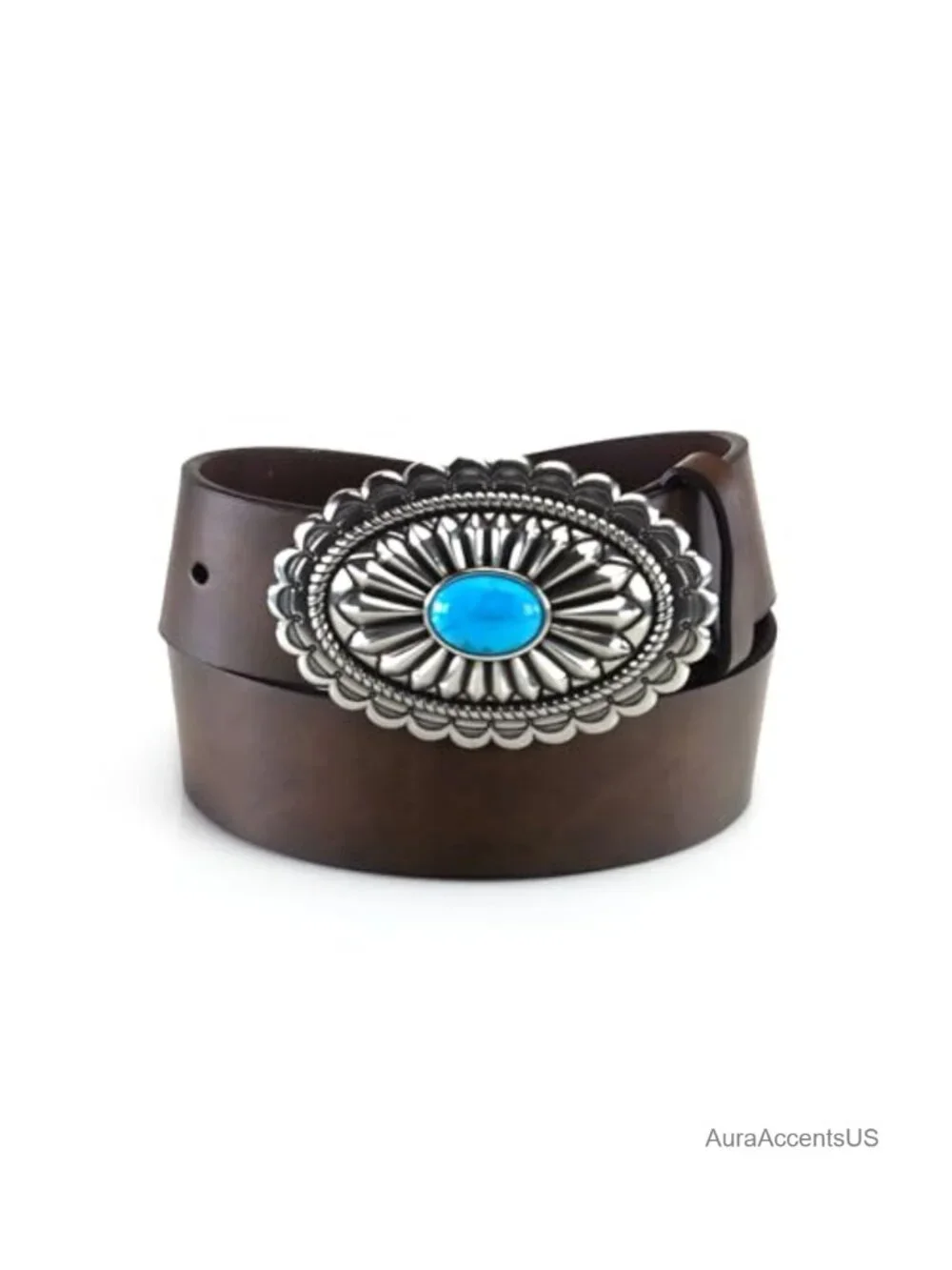 Genuine Leather Western Belt Tooled Silver-Tone Concho Buckle